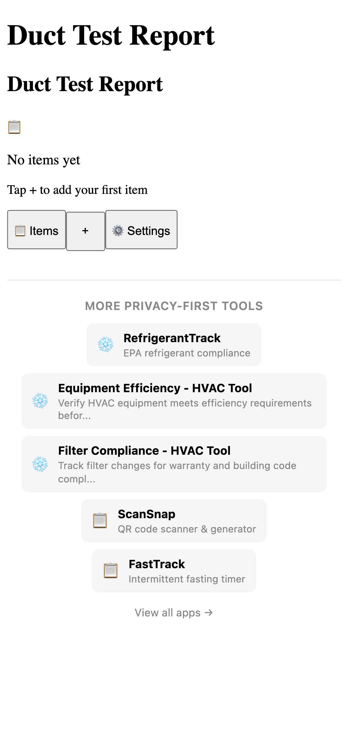 Duct Test Report - HVAC Tool Pro feature detail